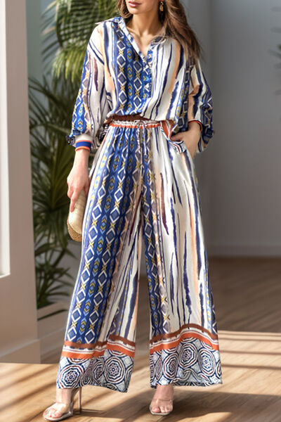 Printed Lantern Sleeve Top and Wide Leg Pants Set