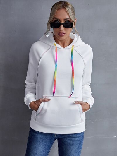 Contrast Stitching Drawstring Raglan Sleeve Hoodie