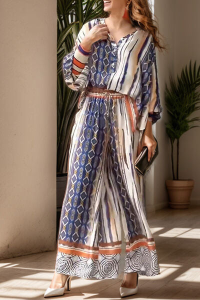 Printed Lantern Sleeve Top and Wide Leg Pants Set